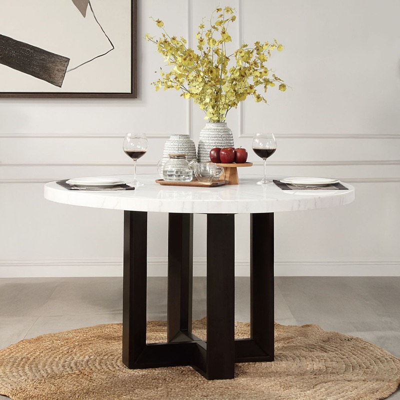 Edwyn – Round Dining Table – White Natural Marble Top & Espresso