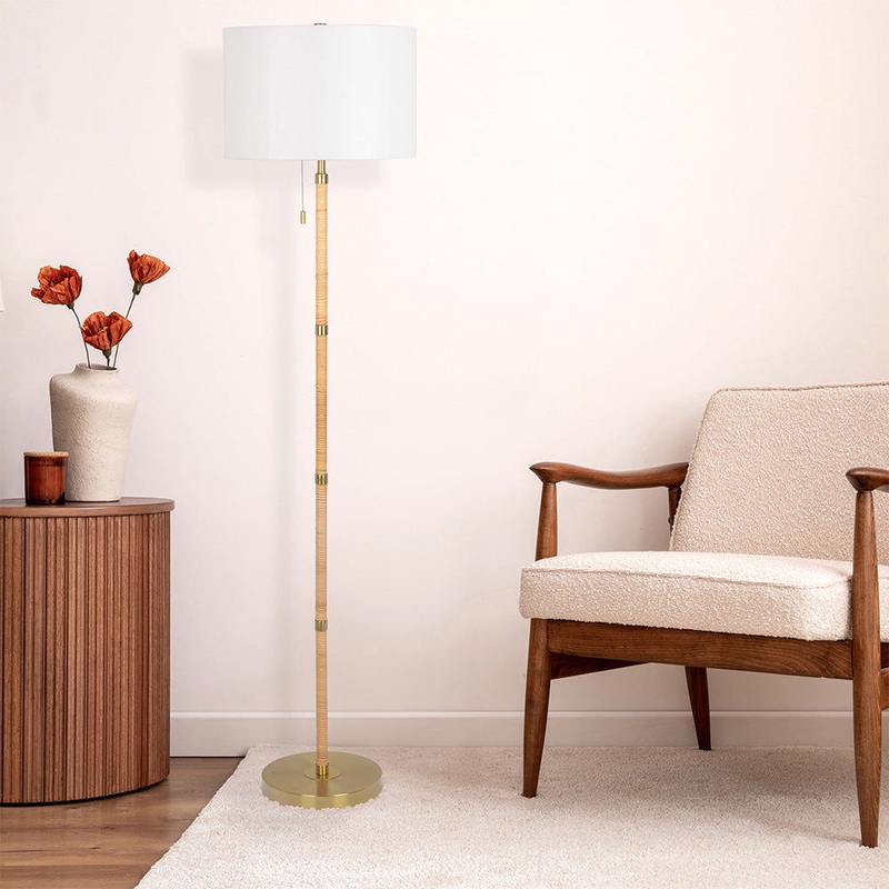 Stellar – Linen Shade Floor Lamp – Gold / Natural Wood / Rattan / White
