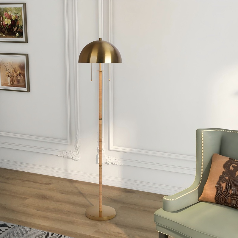 Allure – 2 Light Floor Lamp, Gold, Natural Tube, Double On / Off Pull Chain – Gold / Rattan