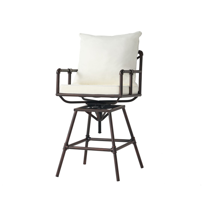 Industrial Outdoor Patio Plumber’s Iron Frame Swivel Barstool With Cushions, Height Adjustable