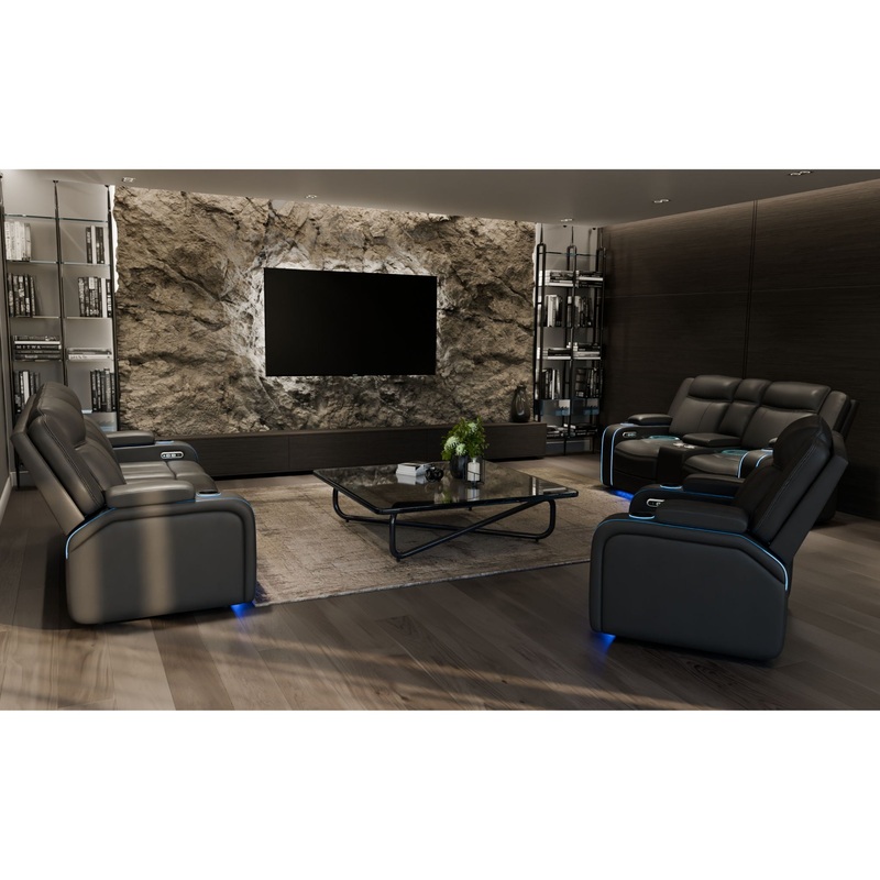 UM2768 – 3 Piece Living Room Set (Power Reclining Sofa, Power Console Reclining Loveseat With Global Surround Sound Speaker And Recliner With Power Headrest And LED Accent Lighting) – Charcoal