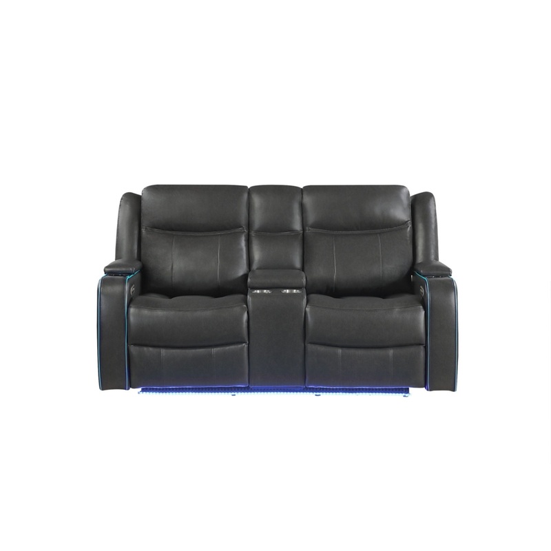UM2768 – Power Console Reclining Loveseat With Power Headrest, LED Lights, LED Welt Storage Arms, LED Cupholders And USB A/C – Charcoal