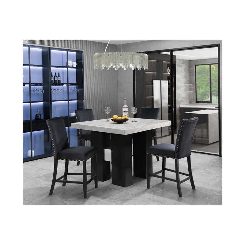 D04 – 5 Piece Dining Room Set (White Bar Table And Four Bar Stools) – Black / White