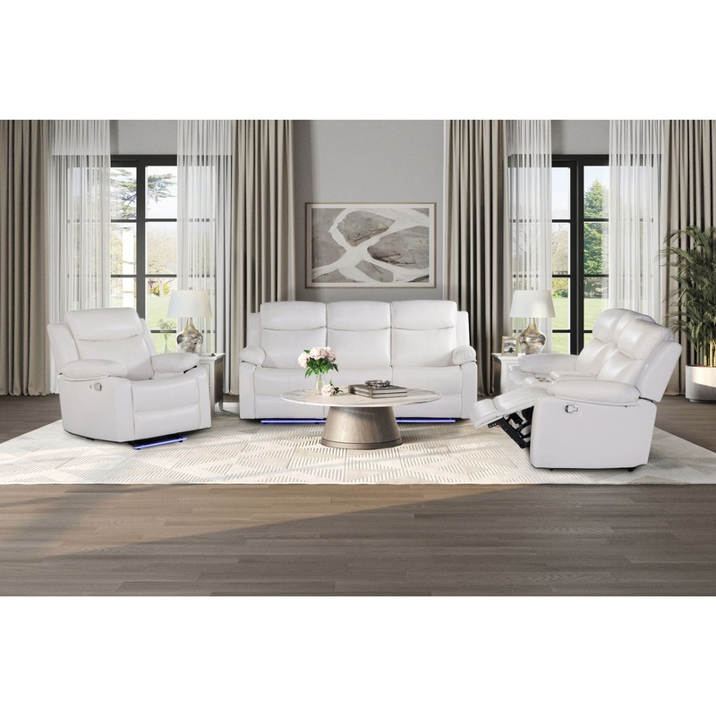 U6026 – 3 Piece Living Room Set (Reclining Sofa, Console Reclining Loveseat, Glider Recliner With LED) – White
