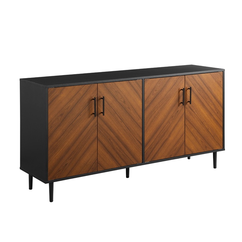 Mid-Century Modern Faux Bookmatch Door Buffet – Acorn / Solid Black