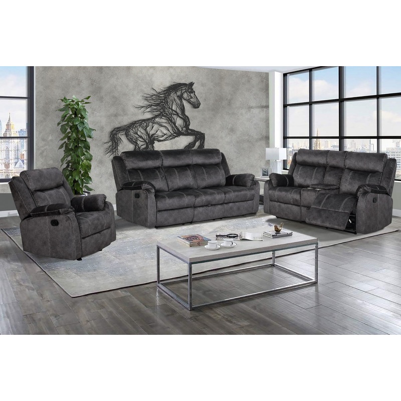 U7303 – 3 Piece Living Room Set (Recliner Sofa / Console Power Recliner Loveseat / Glider Recliner) – Granite