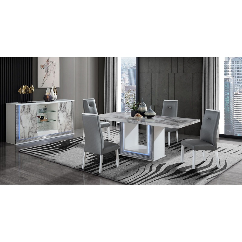 Ylime – 5 Piece Dining Room Set (Marble Dining Table & Four Dining Chairs) – Dark Gray / White