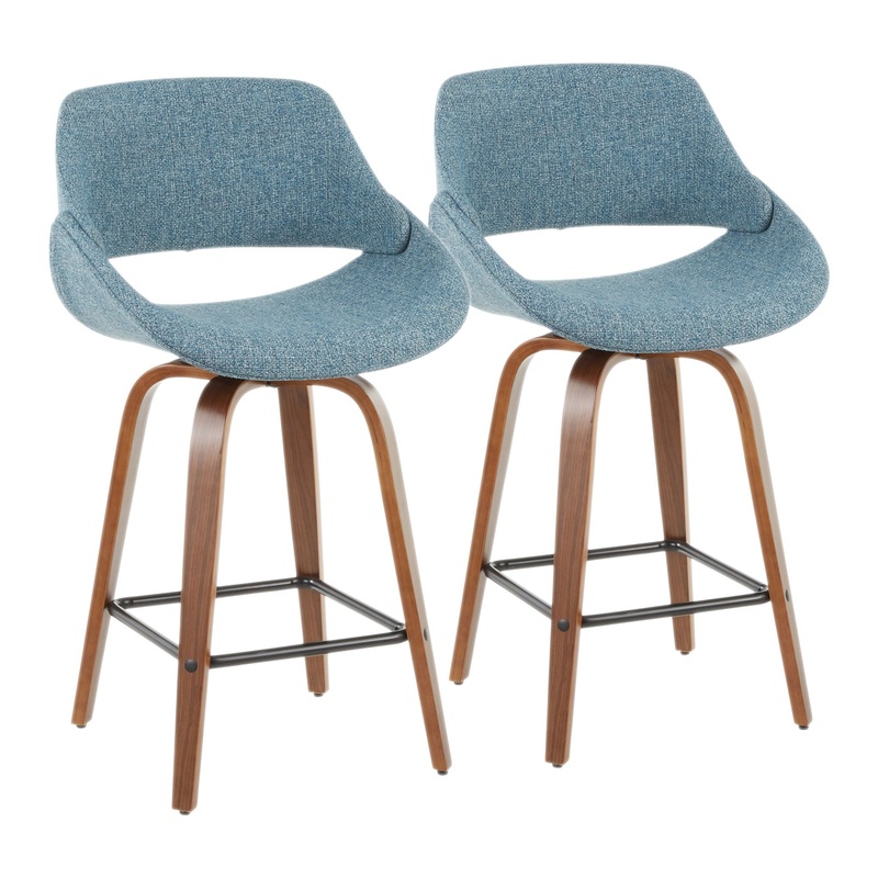 Fabrico – Mid-Century Modern Counter Stool (Set of 2) – Walnut / Blue