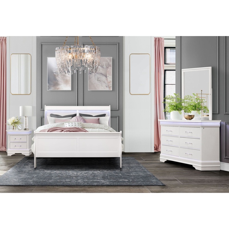 Charlie – 4 Piece King Bedroom Set (King Bed With LED, Dresser, Mirror And Nightstand) – White