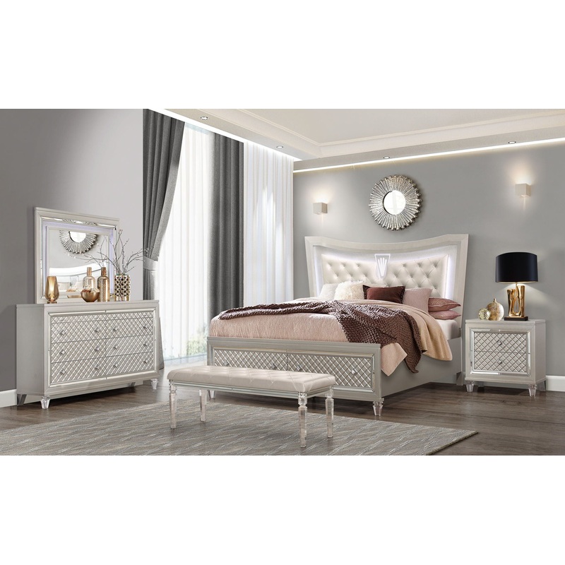 Paris – 4 Piece Queen Bedroom Set (Queen Bed With LED, Dresser, Mirror, Nightstand) – Champagne