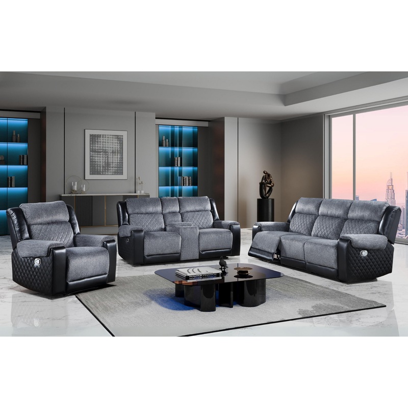 U5914 – 3 Piece Living Room Set (Reclining Sofa / Console Reclining Loveseat / Recliner) – Gray / Black