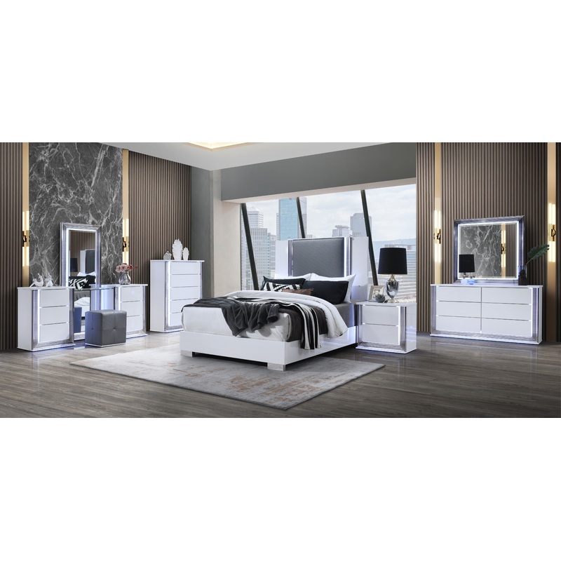 Ylime – 7 Piece Queen Bedroom Set With Vanity Set – White / Gray