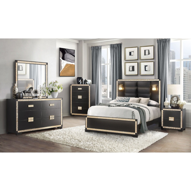 Blake – 4 Piece King Bedroom Set (King Bed With Lamps, Dresser, Mirror, Nightstand) – Black / Gold