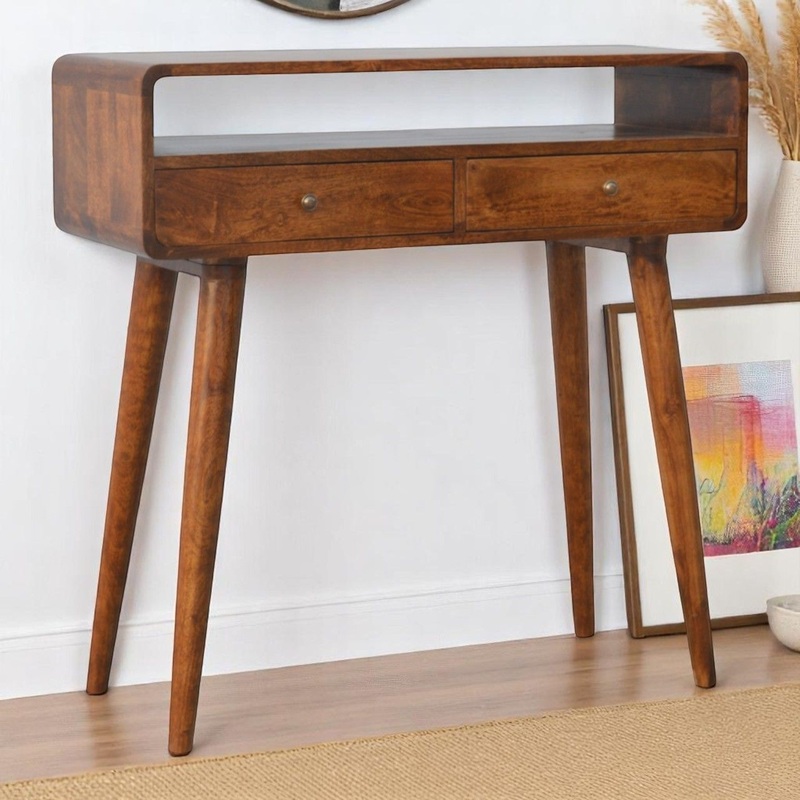 Curved Chestnut Console Table|Light Brown|Dark Brown|13.78″W x 35.4″D x 35.43″H|11.81″W x 23.6″D x 35.4″H|11.81″W x 23.63″D x 35.43″H