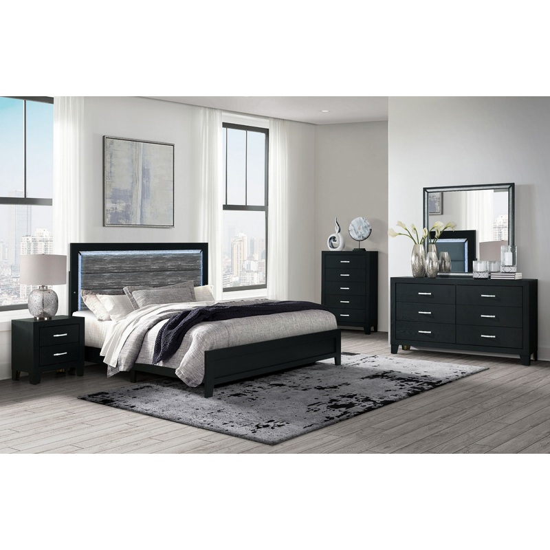 Reid – 5 Piece King Bedroom Set With LED (Bed, Dresser, Mirror, Chest, Nightstand) – Black