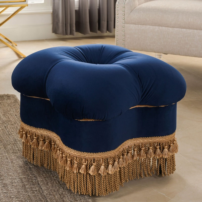 Ellen – Upholstered Clover Ottoman With Gold Bullion Fringe – Navy Blue