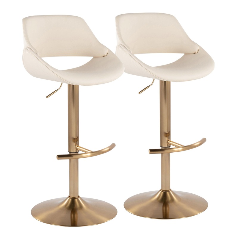 Fabrico – Contemporary Adjustable Barstool With Swivel With Rounded T Footrest (Set of 2) – Gold / Cream