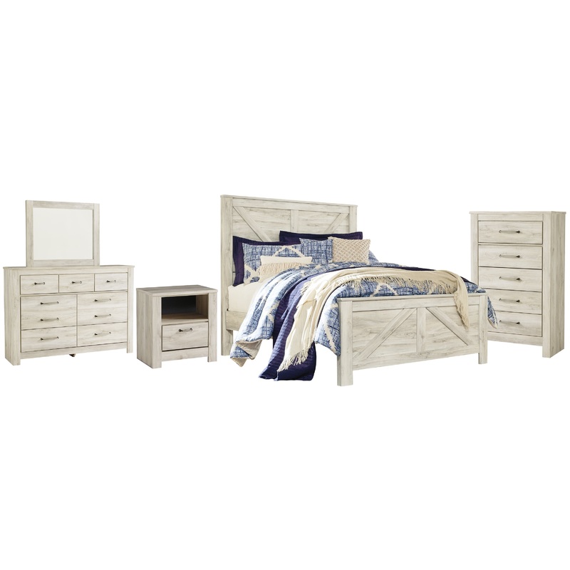 Bellaby  Crossbuck Panel Bed With Mirrored Dresser, Chest And Nightstand