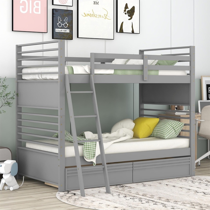 Bunk Bed With 2 Drawers|Dark Gray|Dark Brown|White|Twin over Twin