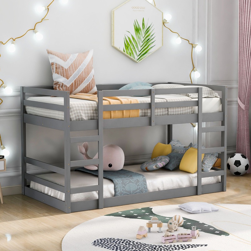 Crafted Bunk Bed With Ladder|White|Dark Gray|Twin over Twin
