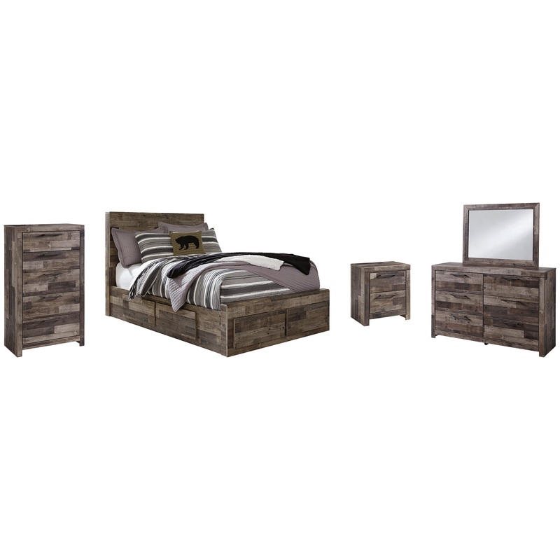 Derekson Full Panel Bed with 6 Storage Drawers with Mirrored Dresser, Chest and Nightstand