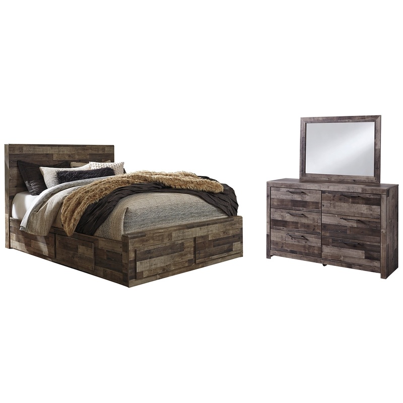 Derekson Queen Panel Bed with 6 Storage Drawers with Mirrored Dresser