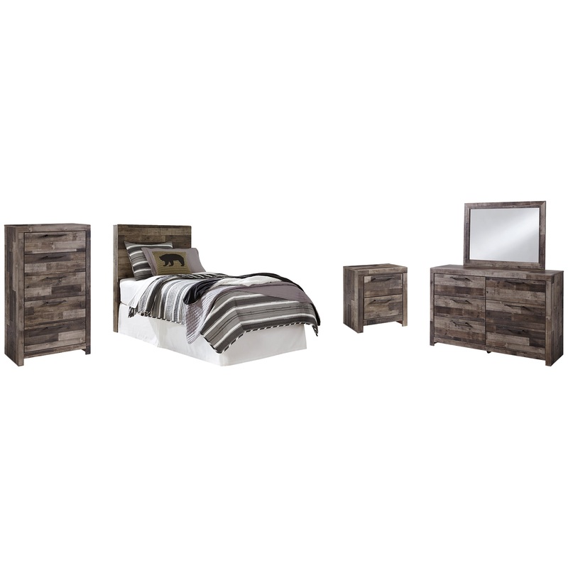 Derekson Twin Panel Headboard with Mirrored Dresser, Chest and Nightstand