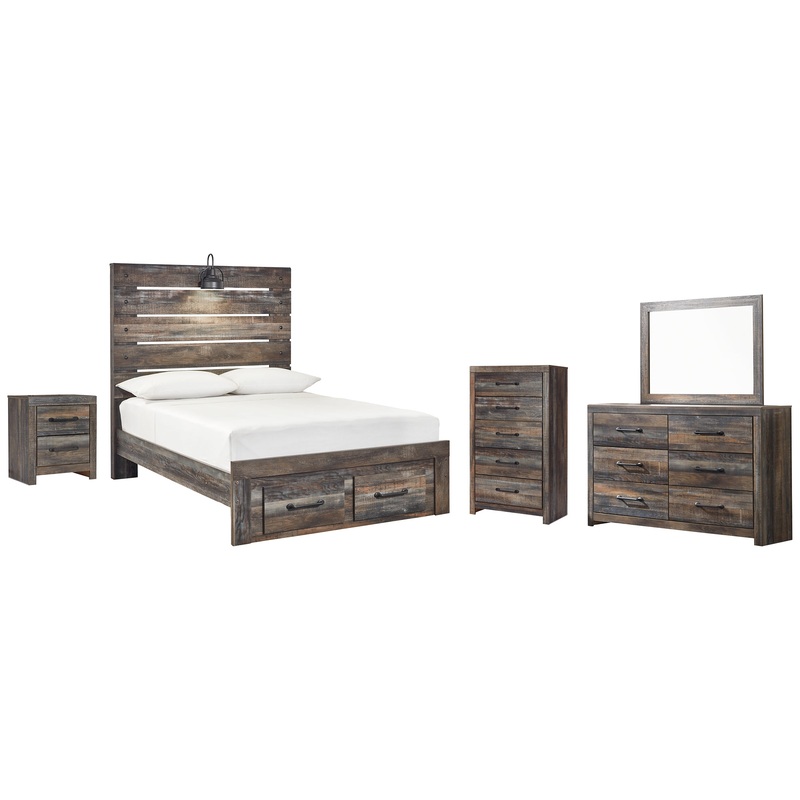 Drystan Full Panel Bed with 2 Storage Drawers with Mirrored Dresser, Chest and Nightstand