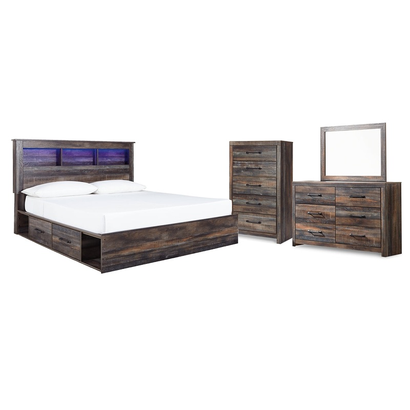 Drystan King Bookcase Bed with 4 Storage Drawers with Mirrored Dresser and Chest
