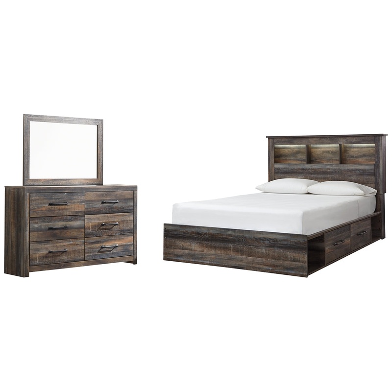 Drystan Queen Bookcase Bed with 4 Storage Drawers with Mirrored Dresser