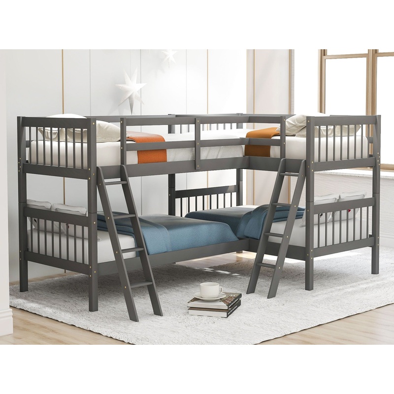 L Shaped Bunk Bed With Ladder|White|Dark Gray|Twin over Twin