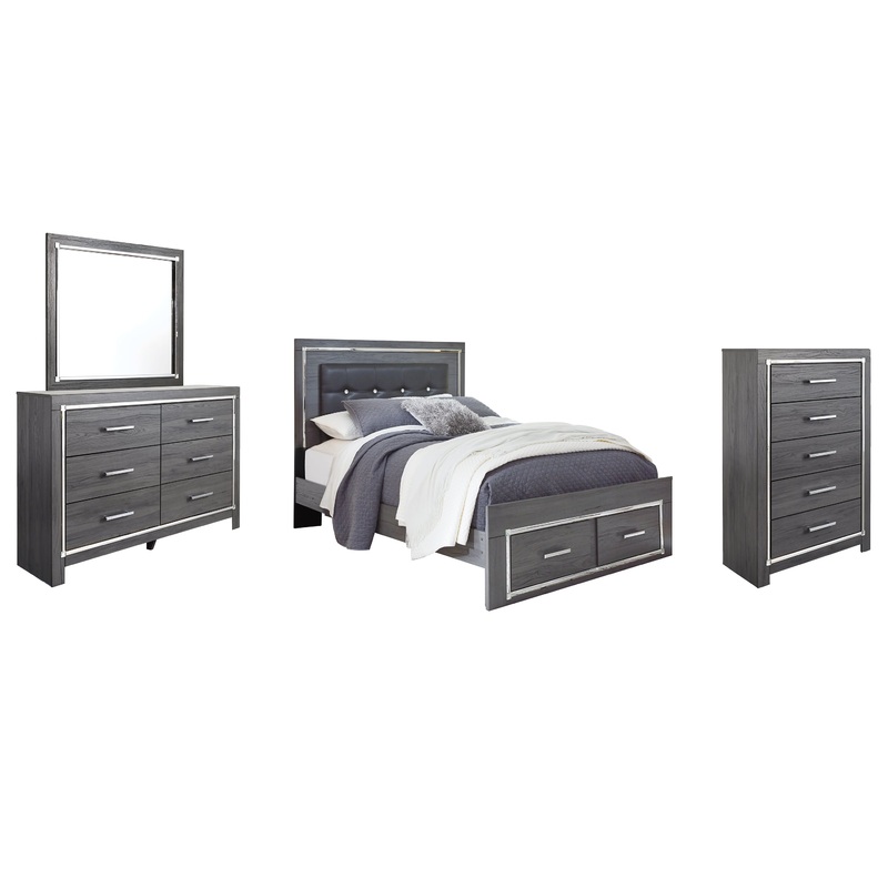 Lodanna Queen Panel Bed with 2 Storage Drawers with Mirrored Dresser and Chest