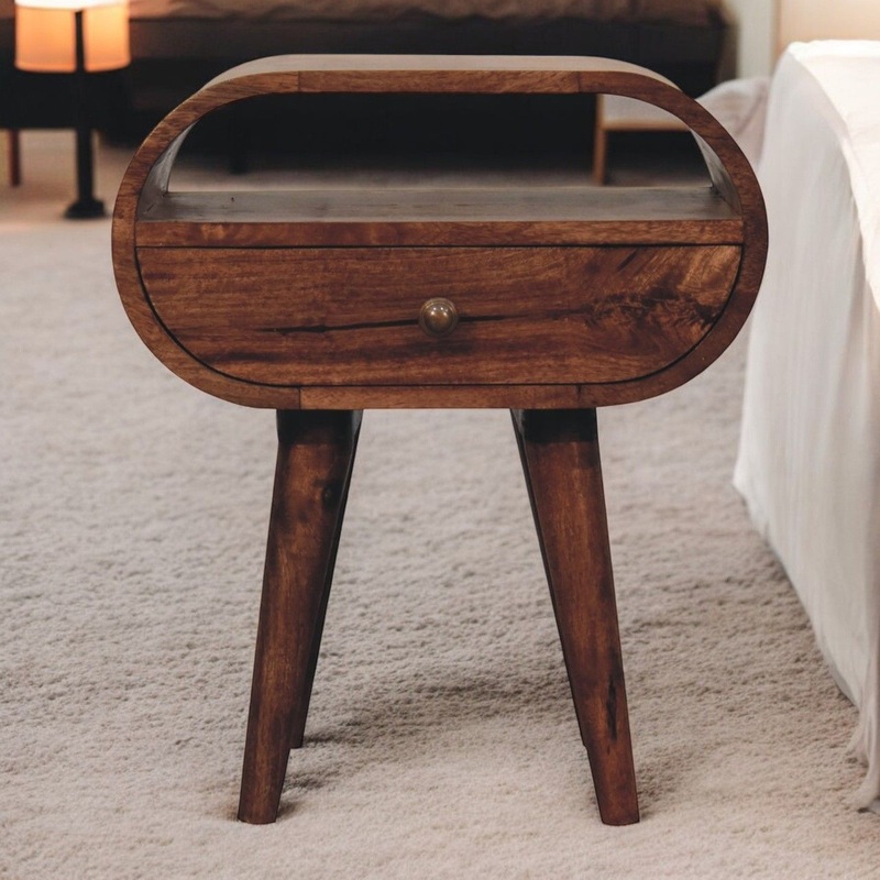 Circular Bedside Table With Open Slot – Caramel