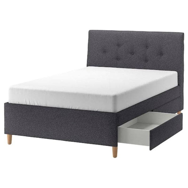 IDANS upholstered storage bed, Gunnared dark grey, 140×200 cm