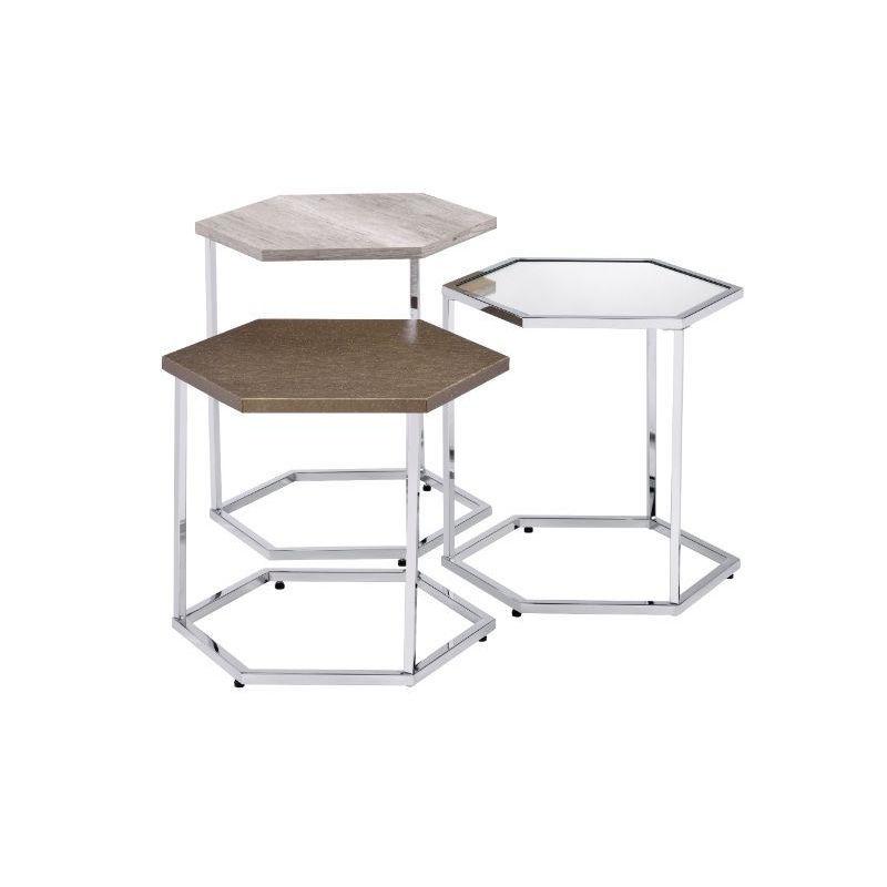 Simno – Nesting Table Set – Clear Glass, Taupe, Gray Washed & Chrome