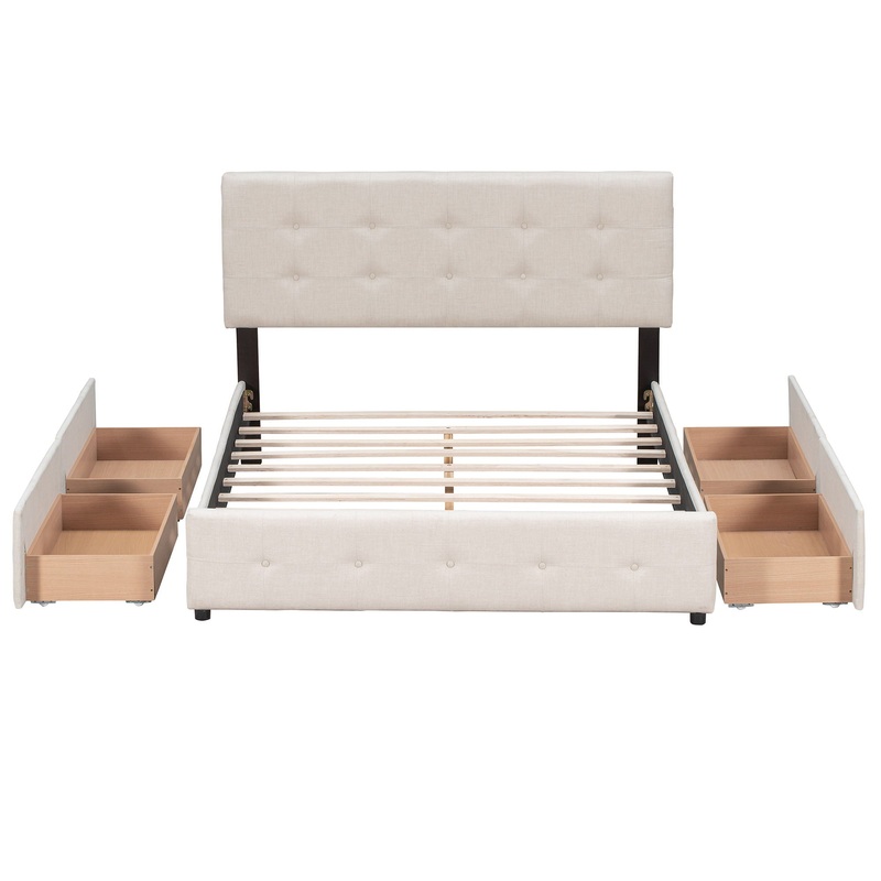 Upholstered Platform Bed With Classic Headboard And Drawers, No Box Spring Needed