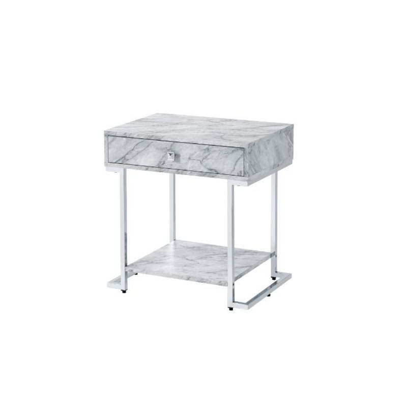 Wither – Accent Table – White Printed Faux Marble & Chrome