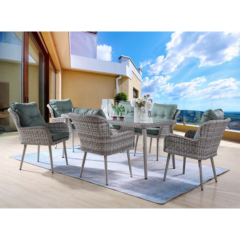 Jenneva – 7 Piece Patio Dining Set – Night Green Fabric & Gray
