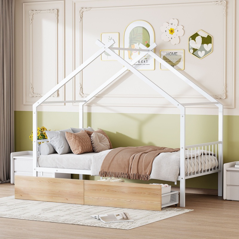 Adorable House Design Bed|White|Black|Pink|Twin|Full|2 Drawers|Trundle