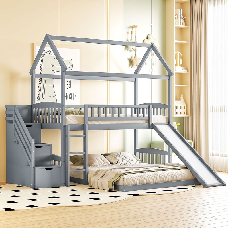 House Bunk Bed With Slide|White|Dark Gray|Twin over Full