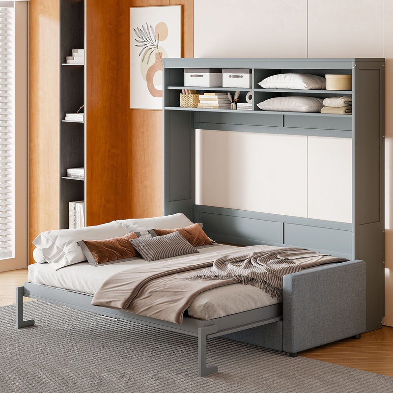 Murphy Wall Bed With Sofa|Dark Gray|White|Queen