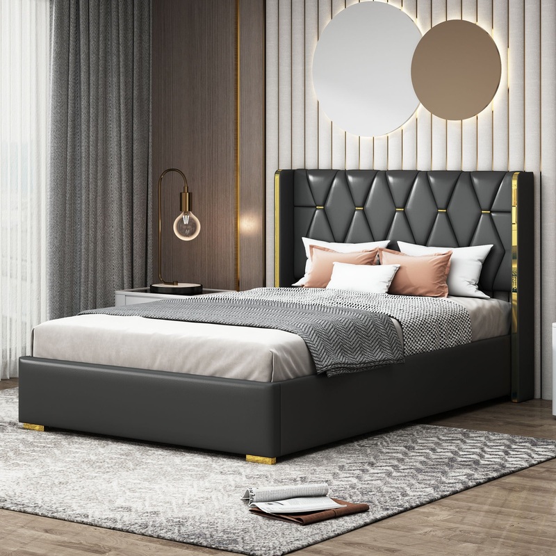 Upholstered Platform Bed With Strips – Black
