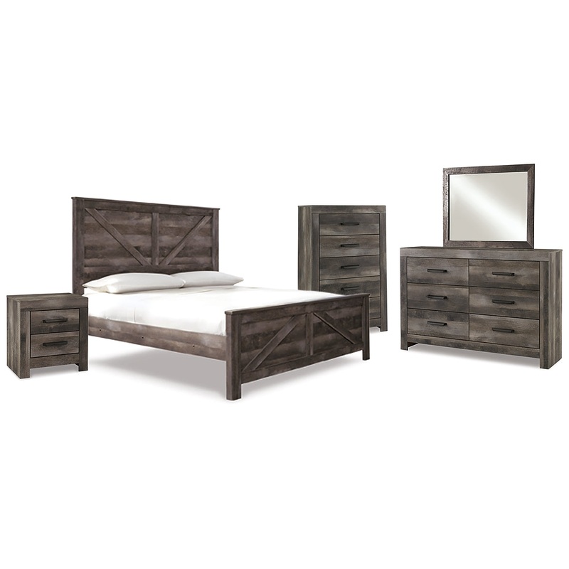 Wynnlow King Crossbuck Panel Bed with Mirrored Dresser, Chest and Nightstand