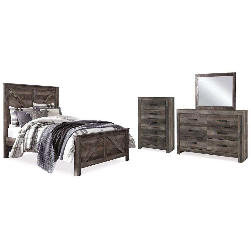 Wynnlow Queen Crossbuck Panel Bed with Mirrored Dresser and Chest