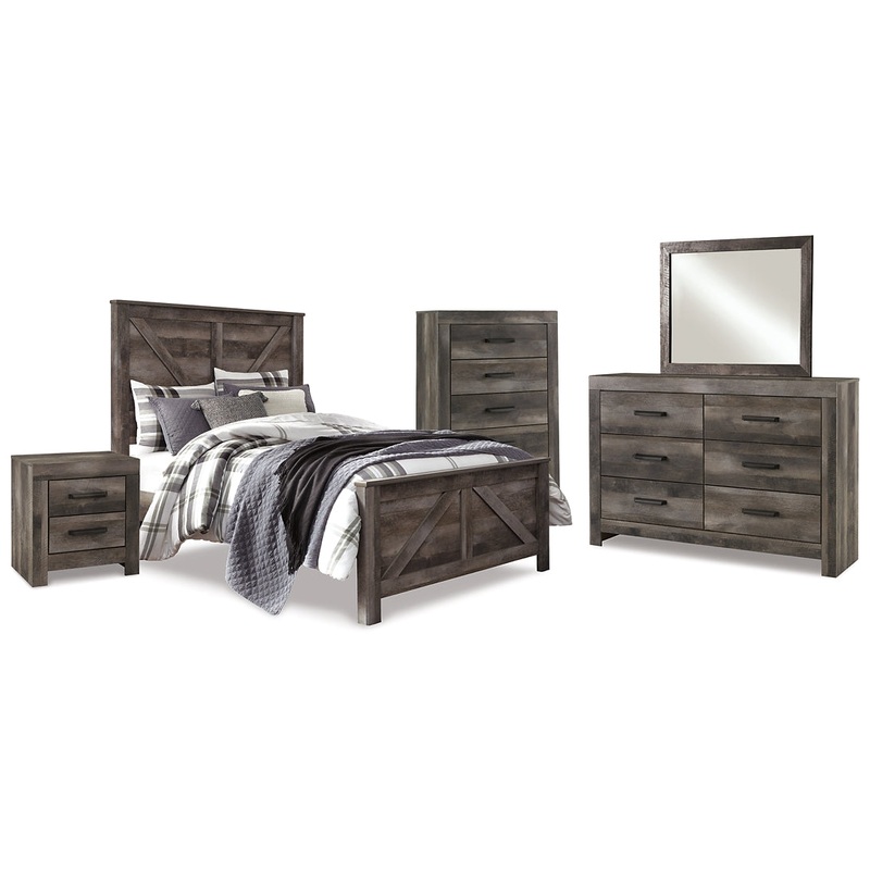 Wynnlow Queen Crossbuck Panel Bed with Mirrored Dresser, Chest and Nightstand