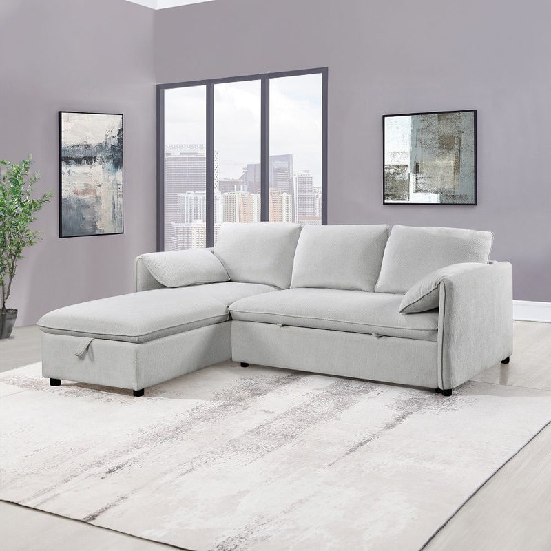 Yaroslav – Reversible Sectional Sofa With Sleeper & Storage – Cream Chenille