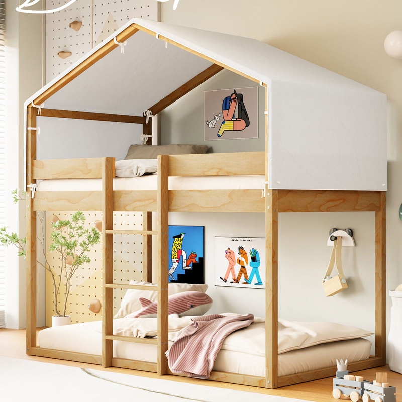 Bunk Bed With Tent|Light Brown|Dark Brown|Twin over Twin