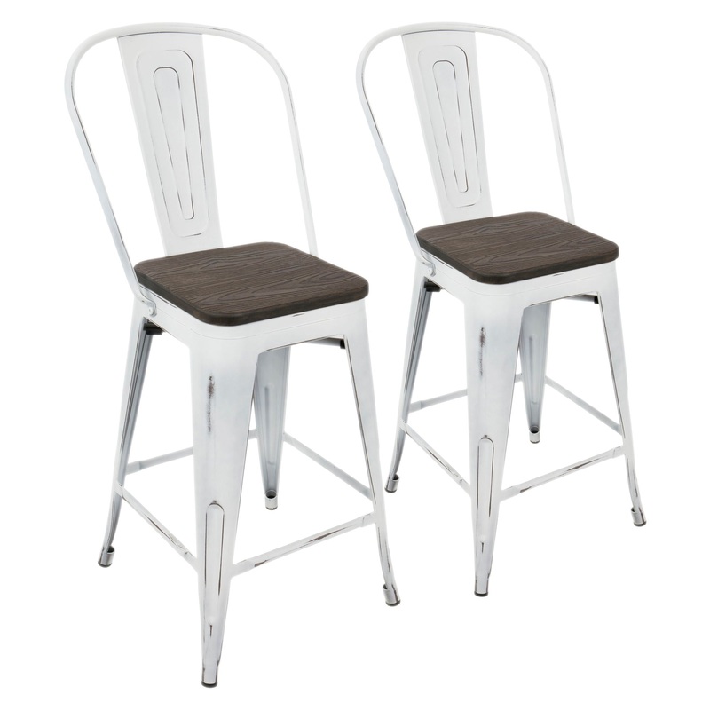 Oregon – Industrial High Back Counter Stool (Set of 2) – Vintage White / Espresso