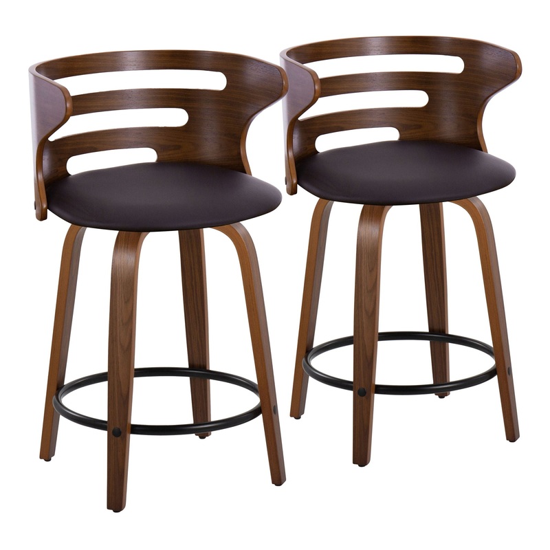 Cosini – Mid-Century Modern Fixed Height Counter Stool With Swivel With Round Footrest (Set of 2) – Walnut / Brown