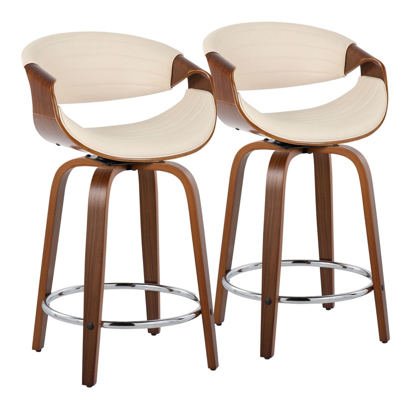 Symphony – Mid-Century Modern Fixed Height Counter Stool With Swivel And Round Footrest (Set of 2) – Walnut / Cream